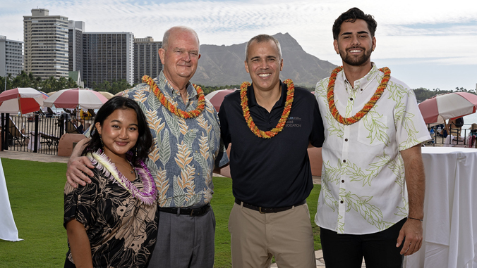 From left, Sally Citrawireja, Shidler Dean Vance Roley, Manny August and Rockwell Adolpho (Photo credit: Scott Nishi/UH Foundation).