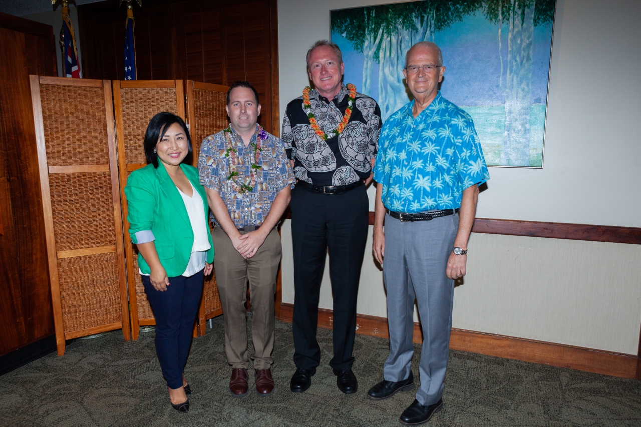 From left: Unyong Nakata, executive director of development, Shidler; Randy Minas, associate professor of ITM; Jeffrey Shonka, president and CEO, First Insurance Company of Hawaii; and Vance Roley, dean, Shidler College.