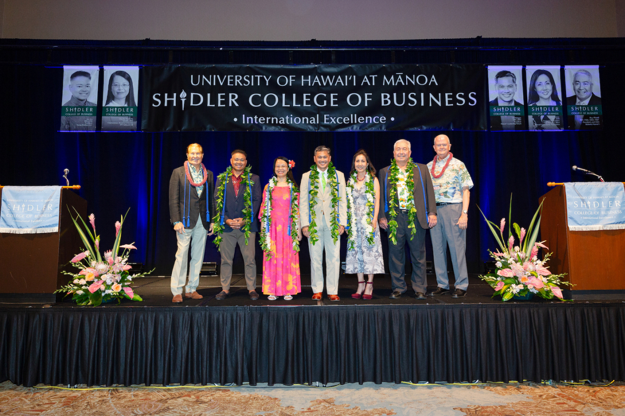 From left, Jay H. Shidler, Jay Ana, Chu Thi Thanh Ha, AJ Halagao, Lauren Nahme, Roy Pfund and Vance Roley (Photo credit: Shanel Honolulu)