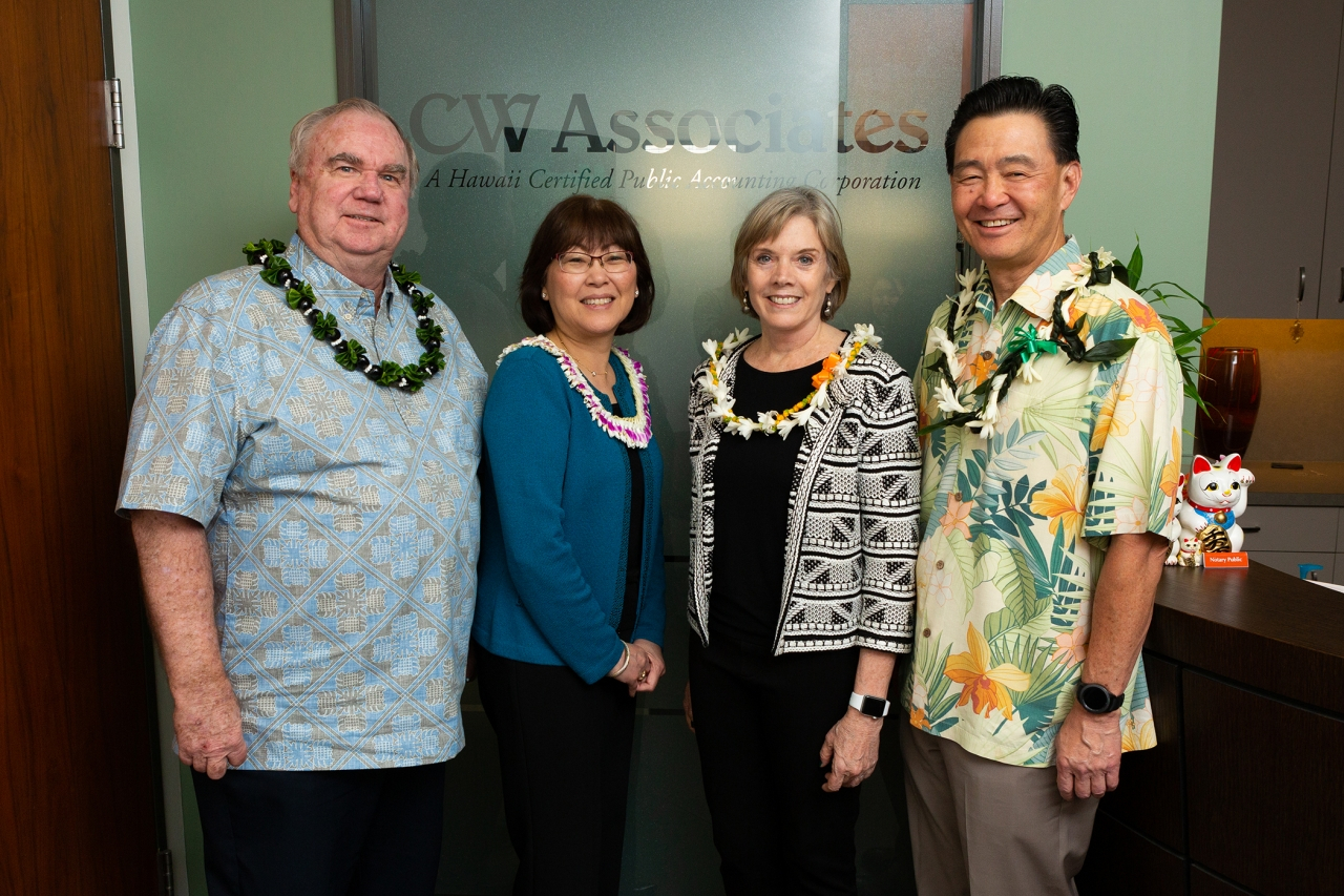 (Left to right) Carleton Williams, Founding Partner (BBA 1977, MBA 1984, Hall of Honor 2017); Terri Fujii, Managing Partner (BBA 1984, MACC 1985, Hall of Honor 2007); Melanie King, Tax Partner & Personal Financial Specialist (BBA 1992, MACC 1994); Rodney