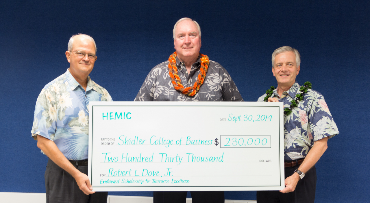 From left: Vance Roley, Dean, Shidler College of Business, Robert L. Dover Jr., and HEMIC CEO Martin J. Welch