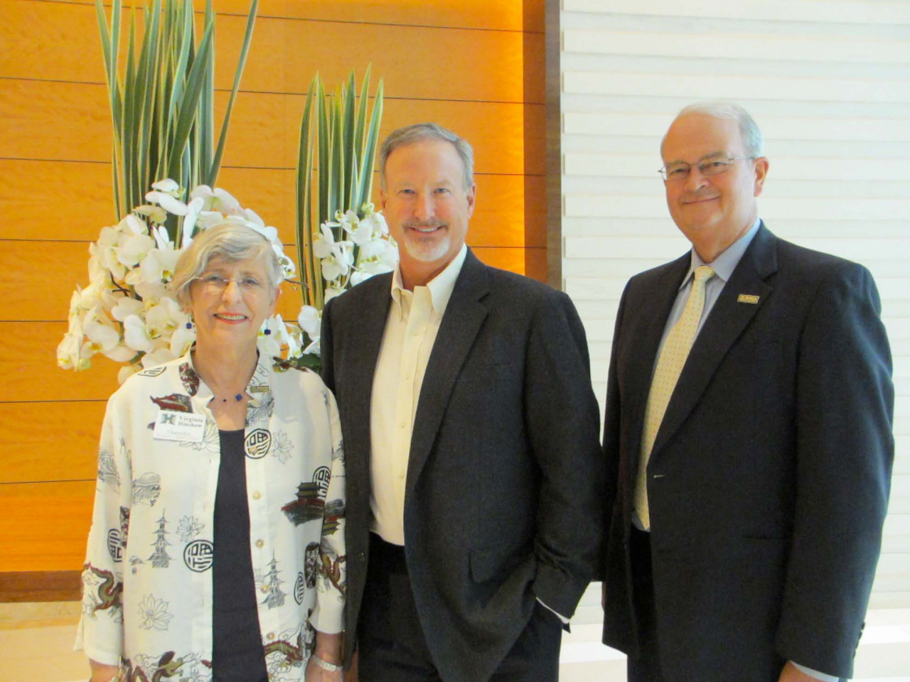 Chancellor Virginia Hinshaw, James Hassett and Dean Vance Roley